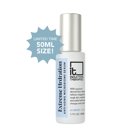 A bottle of Extreme Hydration 50ml serum with white and blue labeling, indicating it's a product for hydration and skincare.