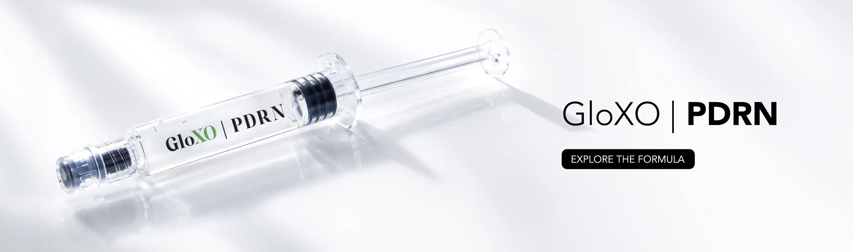 GloXO PDRN syringe on a white background with branding text.
